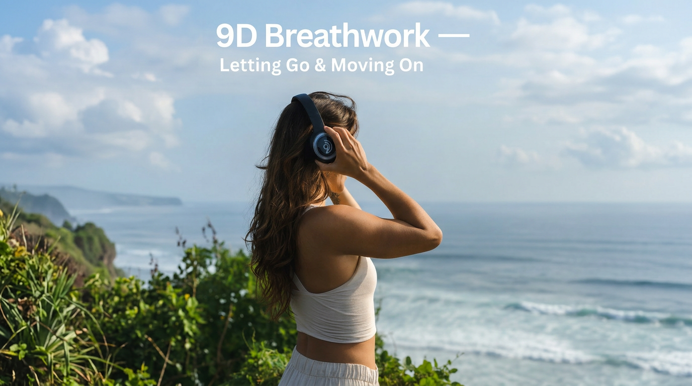 Woman in headphones overlooking the ocean — 9D Breathwork