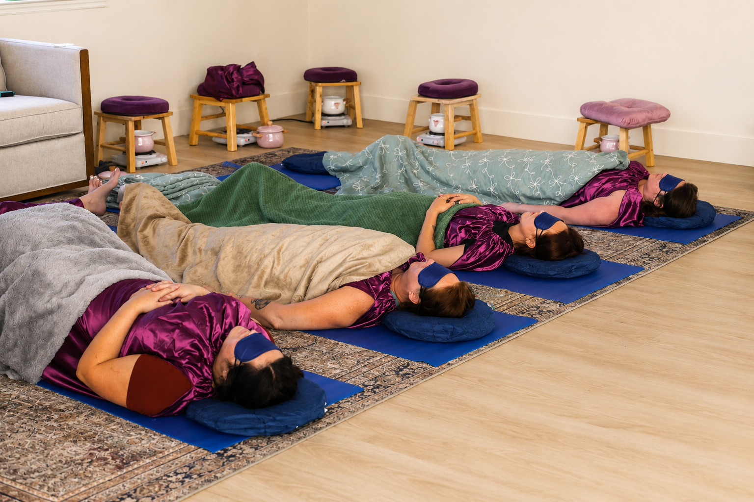 Sunlit meditation room with linen curtains