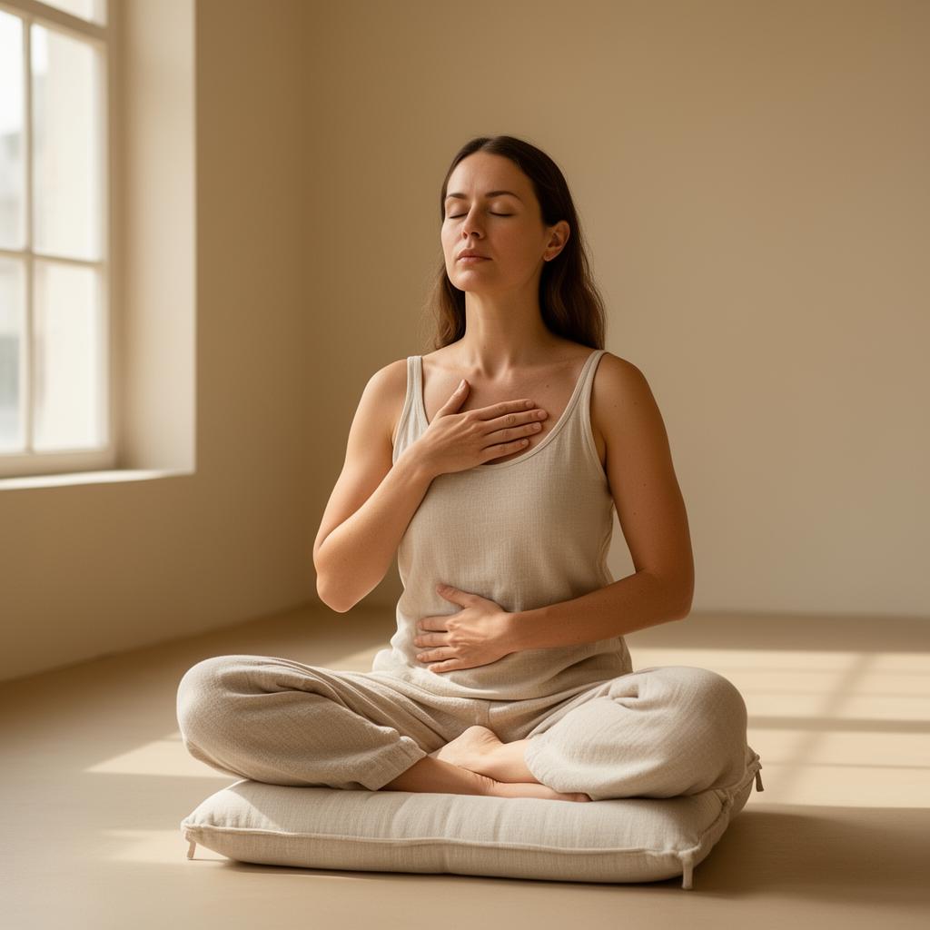 Woman seated on a linen cushion practicing breath work in a sunlit studio