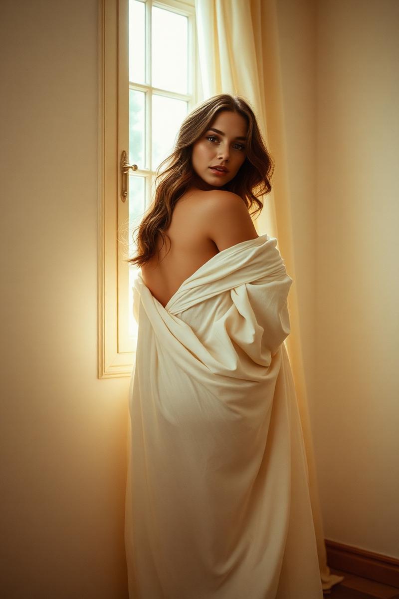 Woman in natural light during a soft boudoir portrait session