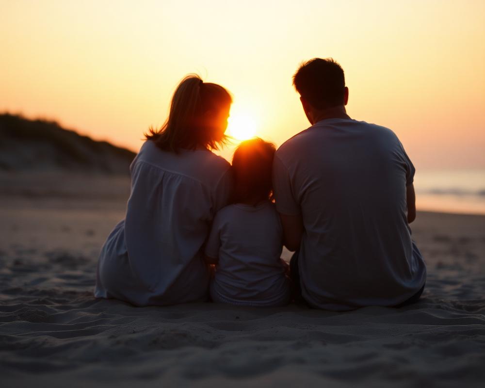 Family walking together through a sunlit meadow