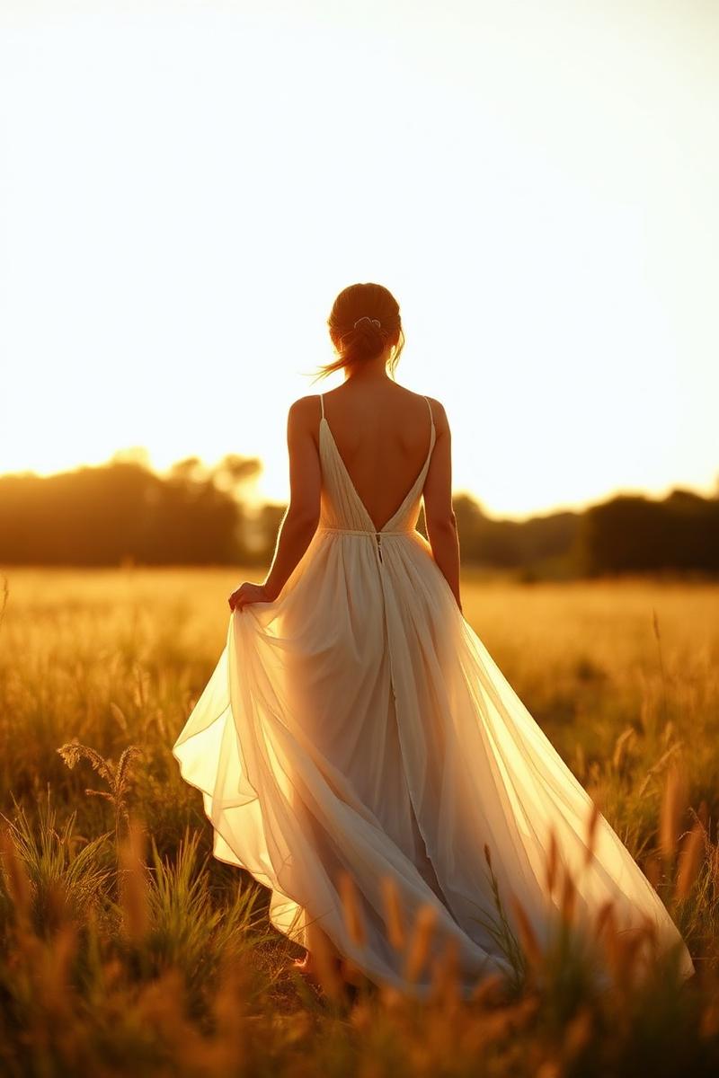 Bride and groom in a golden hour field embracing at their wedding